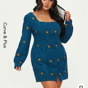 Cider Blue Corduroy Floral Embroidered Off Shoulder Dress XL